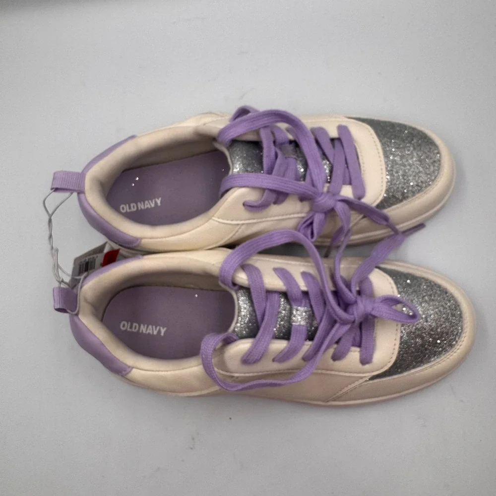 Old Navy Court Sneakers Cream Silver Glitter Purple Laces Low Top Shoes Size 5